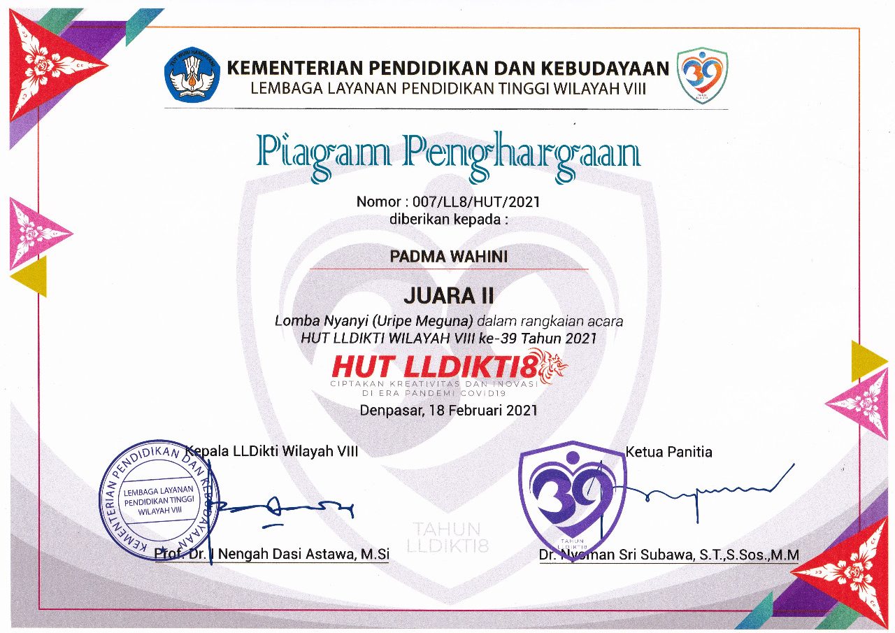 Piagam Penghargaan Lomba HUT LLDikti Wilayah VIII ke-39